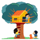 Children playing around the tree house